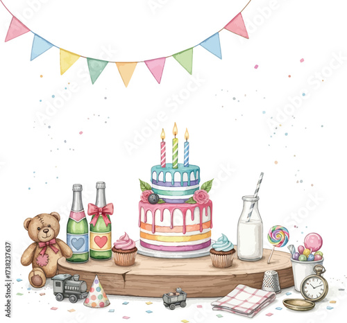 Birthday cake with candles and balloons celebration illustration