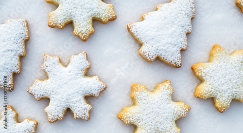 Festive Holiday Sugar Cookies: Snowflakes & Christmas Trees Dusted with Powdered Sugar on White Background, Top View