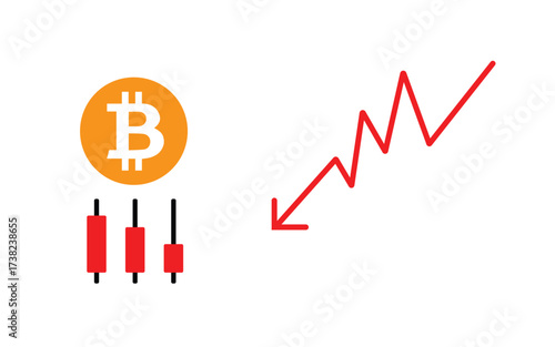 Bitcoin financial market loss concept. Cryptocurrencymarket with candlestick chart, dollar sign, and red trend line graph showing market fluctuations. Illustrator vector file high resolution picture w