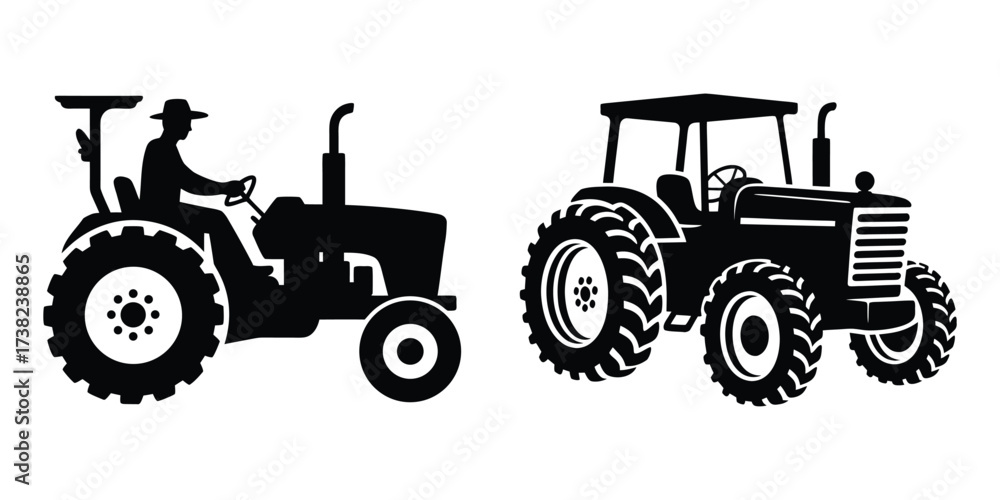 Obraz premium Black tractor silhouette vector design for rural agriculture, machinery, and farming concept