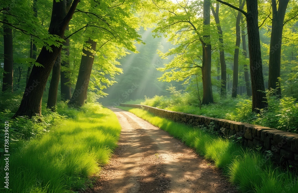 Obraz premium Sunlit forest with green trees along trail. Sunlight filters through woods illuminating path. Scenic woodland environment with nature, fresh air, sunshine during hike among rich plants.