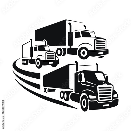 Heavy-Duty Tractor-Trailer Vector Graphic – Black and White Semi-Truck for Transportation and Logistics