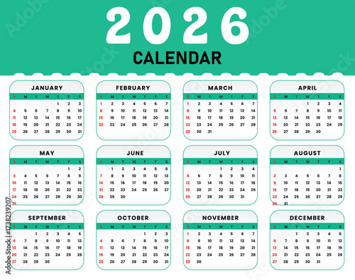 Clean and modern 2026 calendar design with months displayed in a grid layout