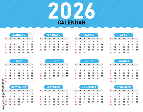 Clean and modern 2026 calendar design with twelve months displayed in a grid layout