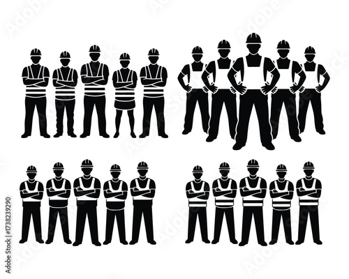 Industrial workforce team silhouette in black and white isolated on white background vector