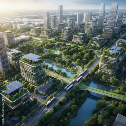 Modern city skyline with green roofs, solar panels, and urban parks