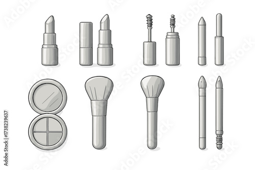 A set of Black and White outline icons for cosmetic products, designed in gray. Everything is stylized in a minimalist design on a white background.