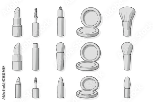 A set of Black and White outline icons for cosmetic products, designed in gray. Everything is stylized in a minimalist design on a white background.