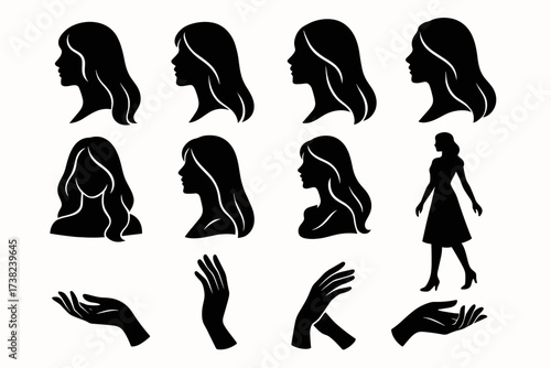 A set of silhouettes of female figures, rendered in black. Everything is done in a minimalist style on a white background.