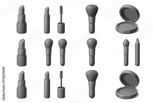 A set of Black and White 3D icons for cosmetic products, designed in gray. Everything is stylized in a minimalist design on a white background.