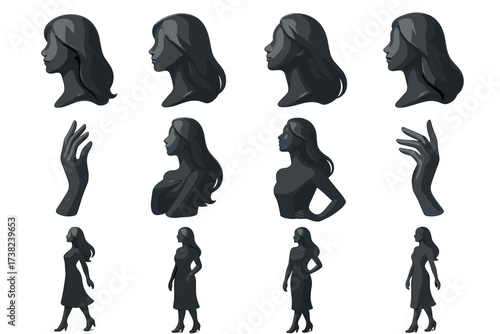A set of 3D silhouettes of female figures, rendered in black. Everything is done in a minimalist style on a white background.