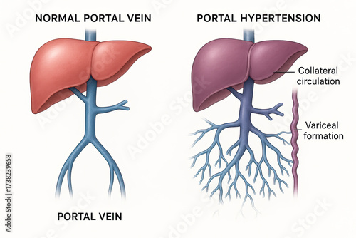 Medical illustration comparing a normal portal vein to one affected by portal hypertension, showing collateral circulation and variceal formation.