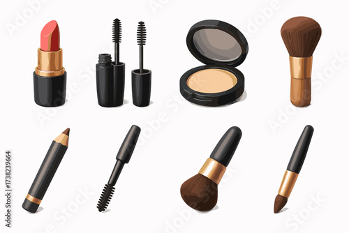 A set of 3D icons related to cosmetics. Everything is stylized in a realistic design with an emphasis on dark and gold tones.