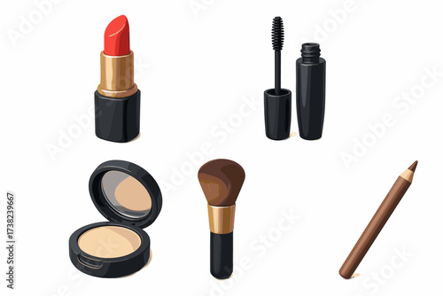 A set of 3D icons related to cosmetics. Everything is stylized in a realistic design with an emphasis on dark and gold tones.