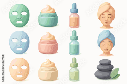 A set of icons related to skin care and spa treatments. Everything is stylized in soft, calm colors associated with relaxation and beauty.