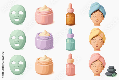 A set of icons related to skin care and spa treatments. Everything is stylized in soft, calm colors associated with relaxation and beauty.