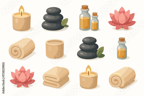 12 stylized 3D icons related to spa and relaxation, rendered in soft beige, brown, and pink tones.