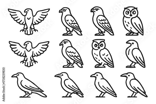 12 stylized outline drawings of birds in black and white, executed in a minimalist design. 