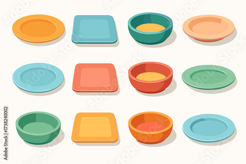 A set of 3D icons representing tableware. These are colorful icons in pastel colors that can be used for designs related to the kitchen or food.