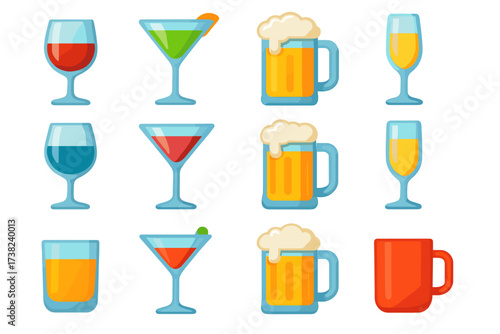 A set of icons representing various types of drinks. Outline icons that can be used for designs related to drinks and bar culture.