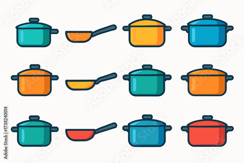 Twelve illustrated kitchen utensils, rendered in bright colors on a white background. All items feature a simple, flat design with a variety of colors.