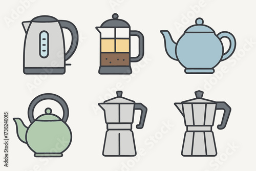 A set of icons representing appliances and utensils for making beverages. These are simple outline icons in pastel colors that can be used for designs related to the kitchen or coffee/tea.