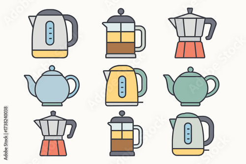 A set of icons representing appliances and utensils for making beverages. These are simple outline icons in pastel colors that can be used for designs related to the kitchen or coffee/tea.