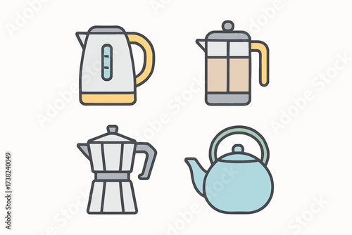 A set of icons representing appliances and utensils for making beverages. These are simple outline icons in pastel colors that can be used for designs related to the kitchen or coffee/tea.