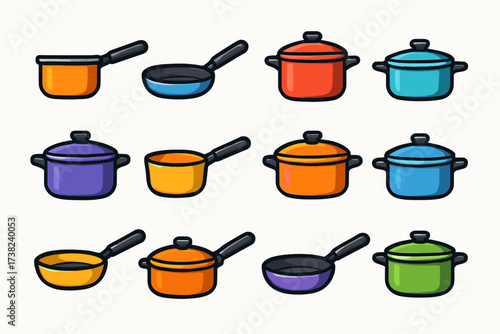 Twelve illustrated kitchen utensils, rendered in bright colors on a white background. All items feature a simple, flat design with a variety of colors.