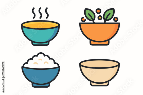 Four illustrated bowls of food, rendered in soft colors on a white background. All bowls have different colors and designs, reflecting the variety of dishes.