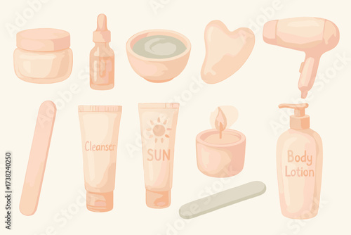 A set of illustrated items related to personal care and beauty. All items are rendered in soft pastel colors on a light background.