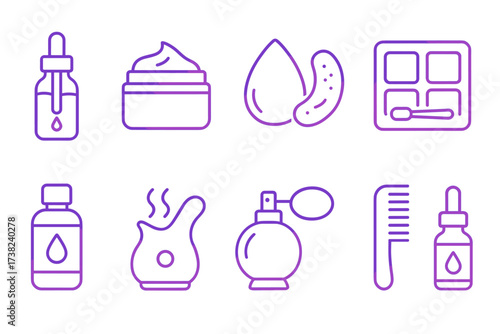 A set of purple outline icons related to personal care and cosmetics is presented. These icons are associated with beauty routines, spa treatments, and aromatherapy.