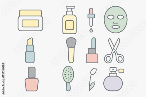 a set of outline color icons related to personal care and cosmetics, rendered in soft pastel colors.