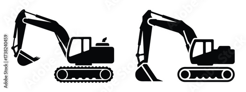Black silhouette of construction vehicles including tractors, diggers, and bulldozers vector illustration