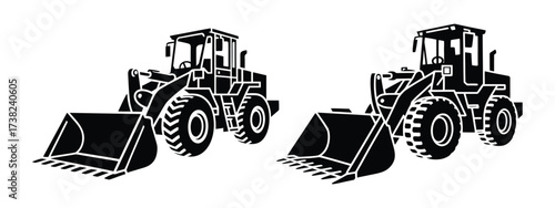 Black and white tractor and bulldozer vector set with heavy machinery equipment for construction sites