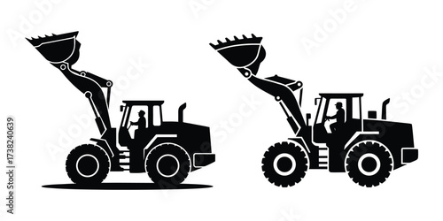 Vector illustration of construction loader and excavator silhouette icons for building and industrial use