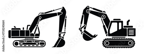 Excavator and bulldozer vector silhouette set for construction, roadwork, and industrial site design