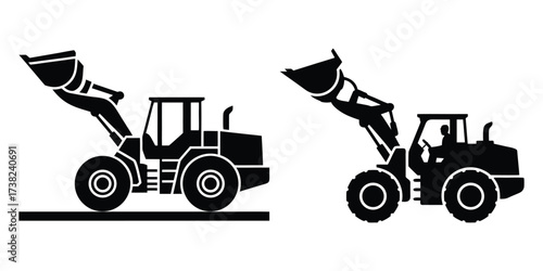 Farming and construction tractor vehicles vector illustration in black and white silhouettes