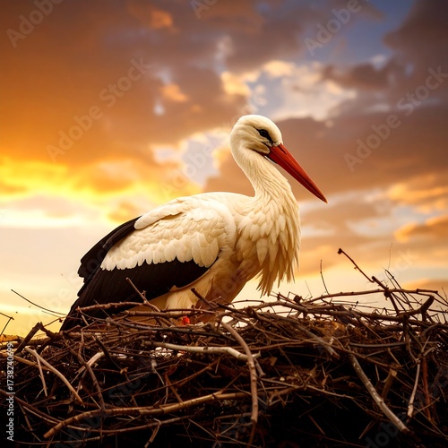 Stork in nest at sunset