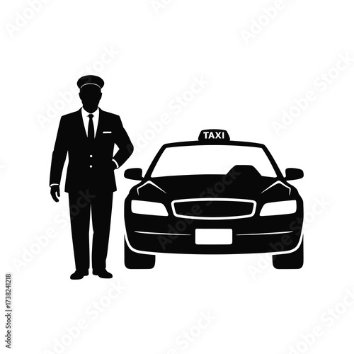 Silhouette of a chauffeur standing beside a taxi car illustration