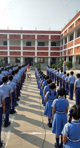 Students participate in school assembly in uniform at an Indian school courtyard during morning hours
