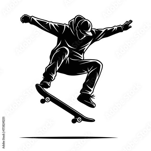 Monochrome vector illustration of a skateboarder in a hoodie performing a mid-air jump