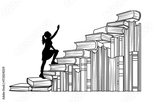Silhouette of a woman climbing book stairs, a metaphor for education and career growth