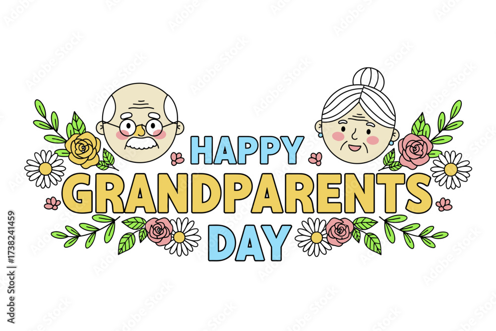 Fototapeta premium A charming hand-drawn illustration of grandparents surrounded by a vibrant floral arrangement