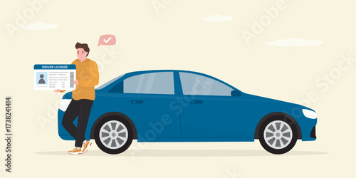 Male character driver stands next to modern car. Happy man holds driver's license. Id card, permission driving auto.
