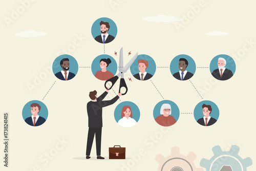Boss cut staff from organization chart. Downsizing or layoff employee, contract termination, loss job from redundancy, dismissal workforce, restructure company, unemployment.