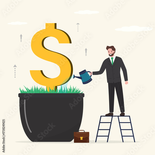 Businessman watering money flower. Plant in pot in form of dollar sign. Investment money grows in pot. Investor use watering can for increasing and growth business or income.