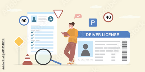 Female character read textbook and learning to drive car on course. Paper form and driver license. Auto school test. Driving school, traffic rules.