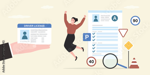Human hand give driver license. Happy female student after education and exams on driver course. Paper form. Auto school test. Concept of driving school, traffic rules,
