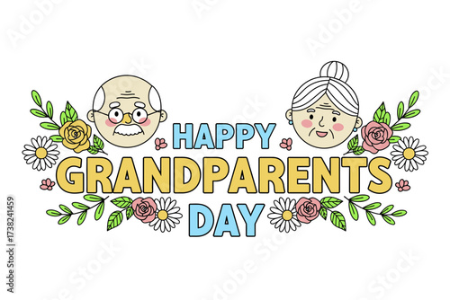A charming hand-drawn illustration of grandparents surrounded by a vibrant floral arrangement